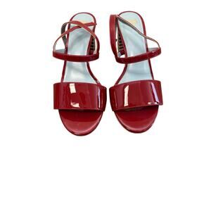 Frances Valentine Crimson Red Sandal with Black and White Stripe Heel Sz 9